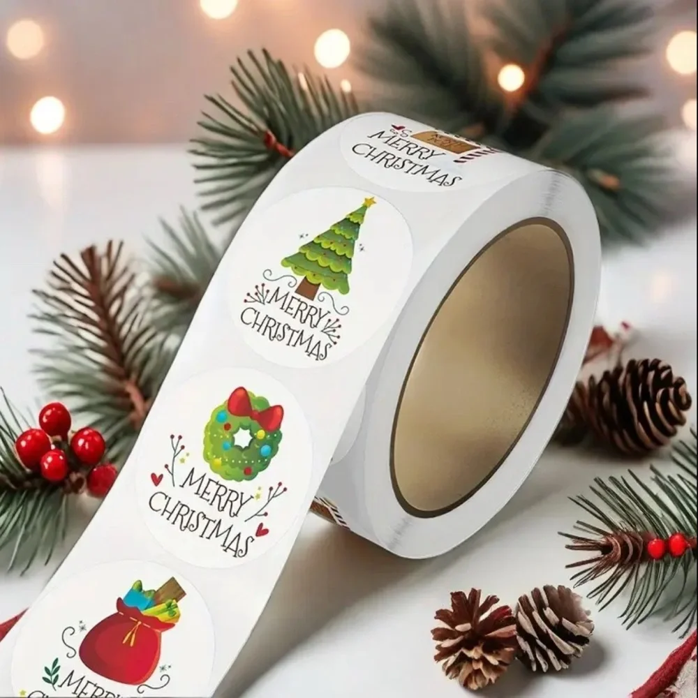 Merry Christmas Sticker Roll 500 Count 1 Inch Diameter Self Adhesive